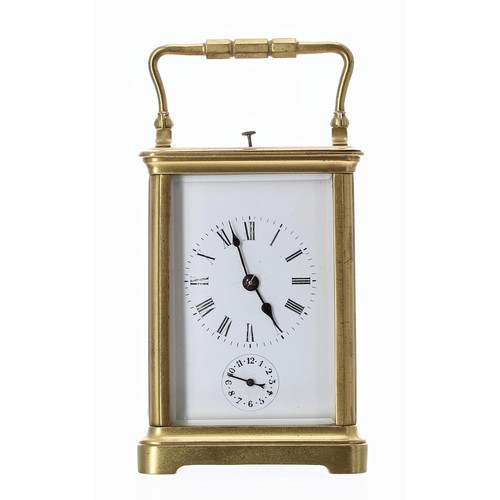 1249 - Repeater alarm carriage clock striking on a gong, within a corniche gilded brass case, 6.5