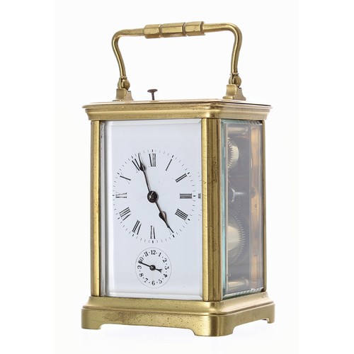 1249 - Repeater alarm carriage clock striking on a gong, within a corniche gilded brass case, 6.5