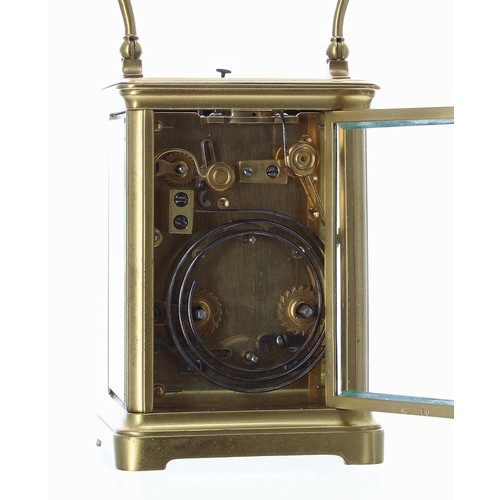 1249 - Repeater alarm carriage clock striking on a gong, within a corniche gilded brass case, 6.5