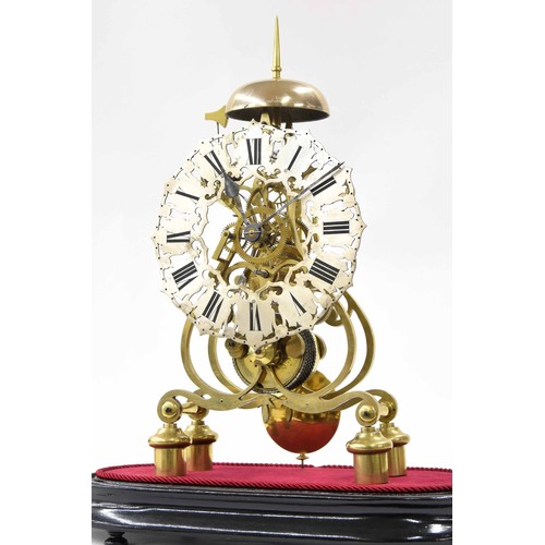 1539 - Brass single fusee skeleton mantel clock with passing strike, the 6.75