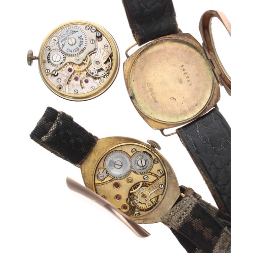 525 - Rotary 9ct wire-lug gentleman's wristwatch, London 1943, silvered dial, 15 jewel, black leather stra... 