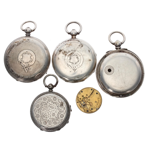 463 - Silver fusee lever engraved pocket watch for repair, 45mm; together with three silver pocket watches... 