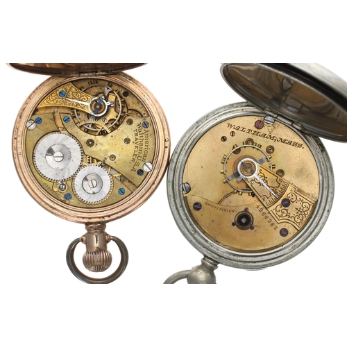 467 - Waltham Traveler gold plated lever hunter pocket watch for repair, 51mm; together with a Waltham nic... 