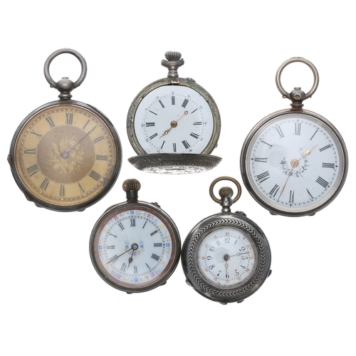 478 - Five cylinder fob watches principally for repair including three silver (0.800) engraved examples (5... 