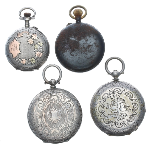 479 - Two silver cylinder engraved fob watches; together with a small cylinder white metal engraved fob wa... 