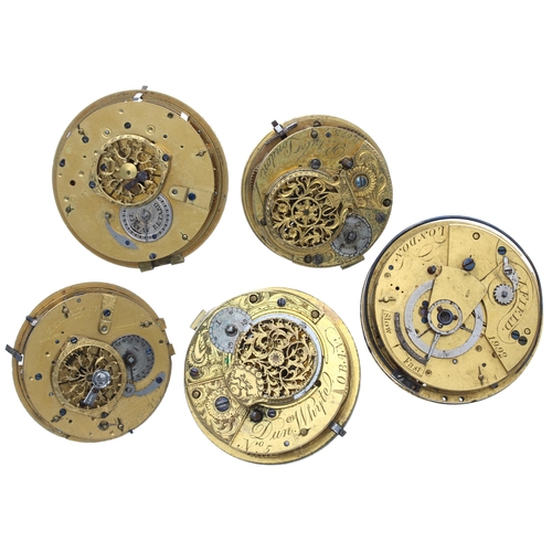 492 - Five pocket watch movements for repair, to include three repeating movements and two verge movements... 