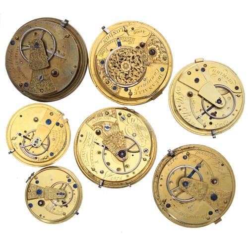 493 - Selection of pocket watch movements to include three fusee lever, two fusee lever fob watch movement... 