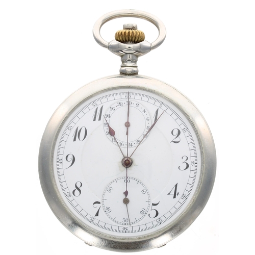 393 - Swiss nickel cased centre seconds chronograph lever pocket watch, gilt frosted movement, the dial wi... 