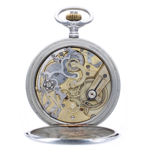 393 - Swiss nickel cased centre seconds chronograph lever pocket watch, gilt frosted movement, the dial wi... 