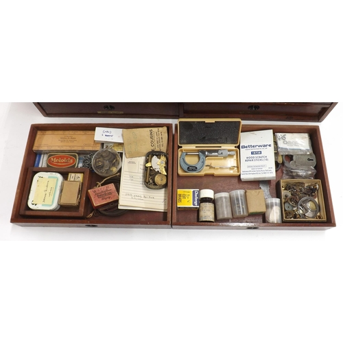 605 - Six drawer wooden chest containing an assortment of watch and clock parts, accessories and tools to ... 