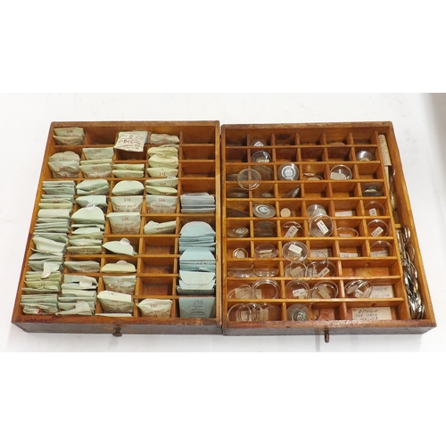 606 - Six drawer wooden chest containing a quantity of watch glasses including BCL, various sizes, and a q... 