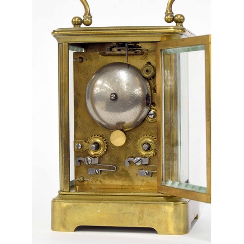 1250 - Carriage clock striking on a bell, within a corniche brass case, 6