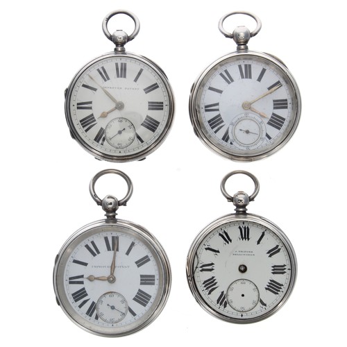 486 - Four heavy silver fusee lever pocket watches principally for repair, one currently working, 609.7gm ... 