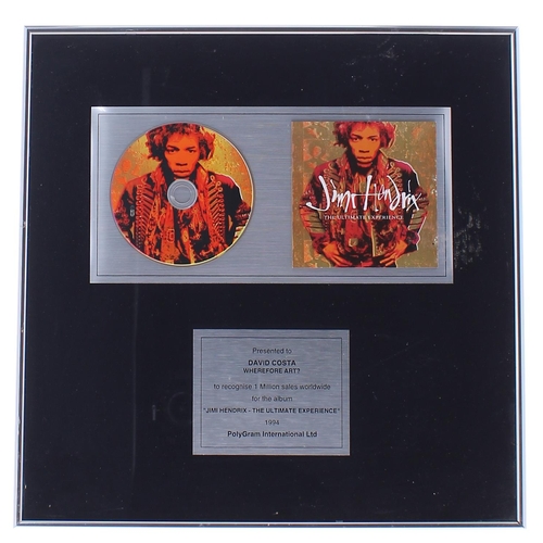 519 - Jimi Hendrix - platinum disc presentation display presented to David Costa to recognise one million ... 