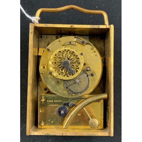 1309 - Interesting small French ormolu travel alarm clock, the sliding back door with winding and control a... 