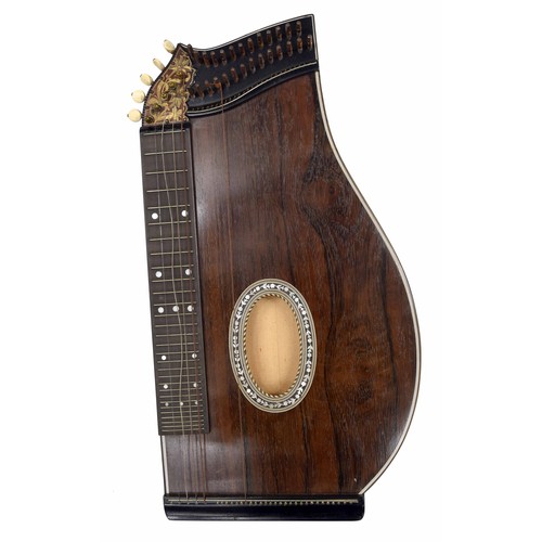 1564 - Rosewood concert zither with geometric foliate mother of pearl inlaid sound hole, within a fitted ca... 