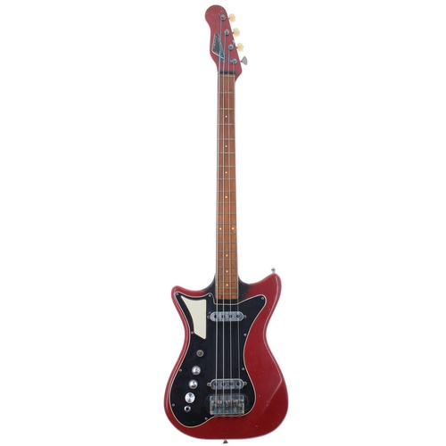 337 - Early 1960s Burns Sonic left-handed bass guitar, made in England; Body: red finish, many scratches a... 