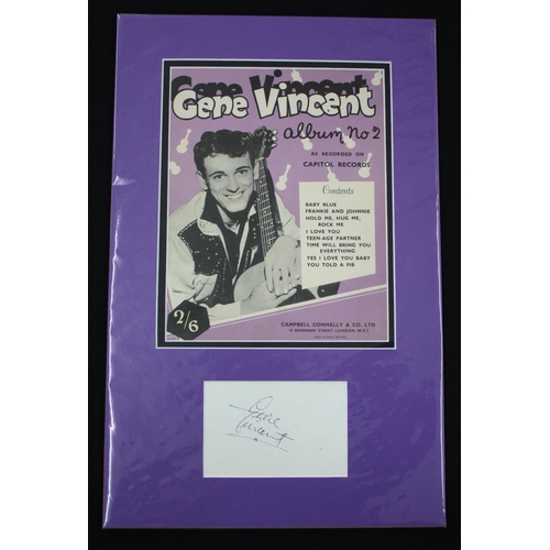 567 - Gene Vincent - autographed display, mounted below a Gene Vincent sheet music page, 18