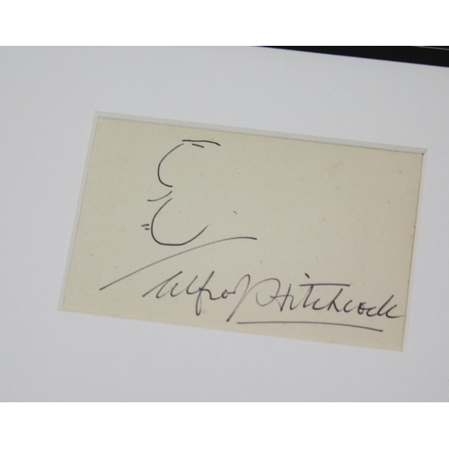 569 - Alfred Hitchcock - rare autographed page with doodle, mounted below a picture of Alfred Hitchcock, f... 