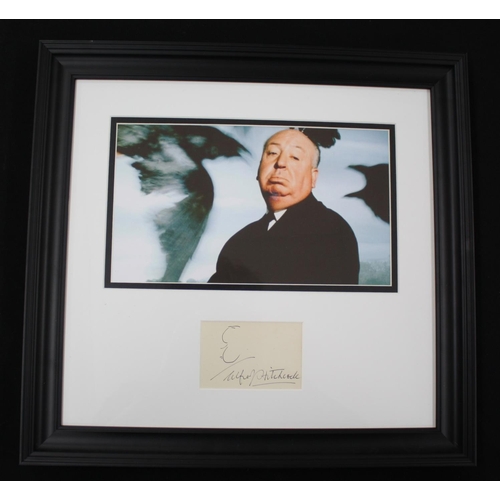 569 - Alfred Hitchcock - rare autographed page with doodle, mounted below a picture of Alfred Hitchcock, f... 