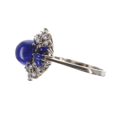 315 - Attractive 18ct white gold lapis lazuli and diamond cluster ring, London 1975, width 17mm, 4.6gm, ri... 