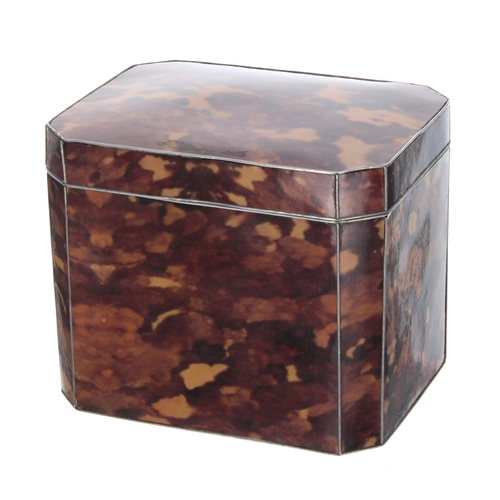 625 - 20th century faux tortoiseshell and Sheffield pewter tea caddy, of canted form, marked 'T W & Co... 