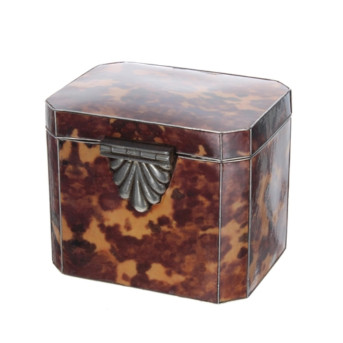 625 - 20th century faux tortoiseshell and Sheffield pewter tea caddy, of canted form, marked 'T W & Co... 