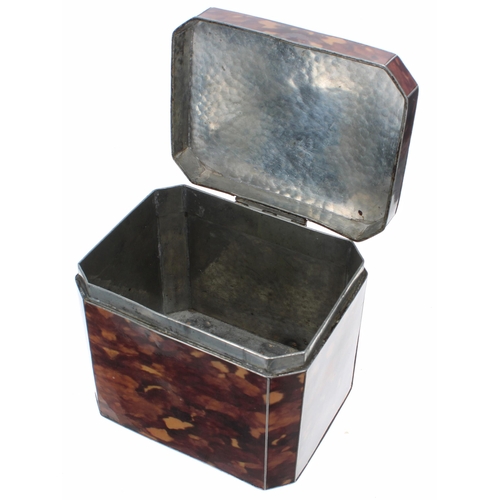 625 - 20th century faux tortoiseshell and Sheffield pewter tea caddy, of canted form, marked 'T W & Co... 