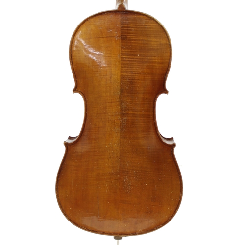 2508 - Early 20th century German three-quarter size violoncello in need of restoration, 27 1/4