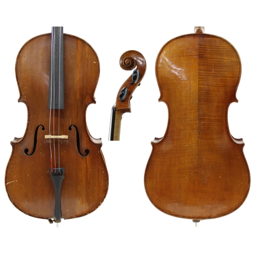 2508 - Early 20th century German three-quarter size violoncello in need of restoration, 27 1/4