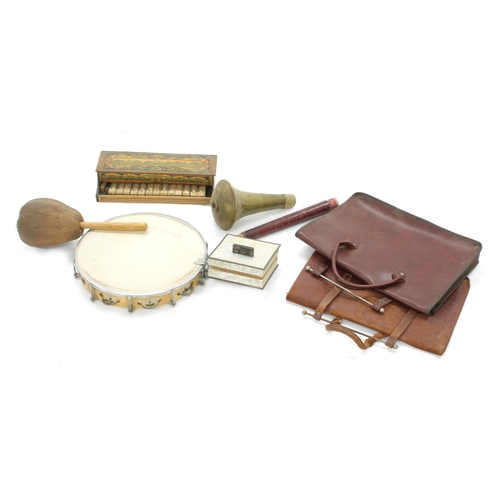 1563 - Various items including two leather music satchels, tambourine, antique child's toy piano etc... 