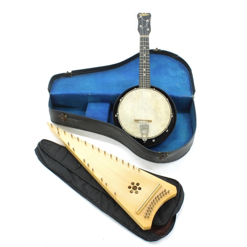 1568 - 'The Jetel Banjo Ukulele', case; also a handmade Romanian bowed psaltery, no bow, soft case (2)... 