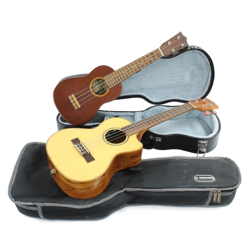 1569 - Kala brand ukulele, model no. KA-FMTE-C, 908, soft case; also a contemporary ukulele labelled Made b... 