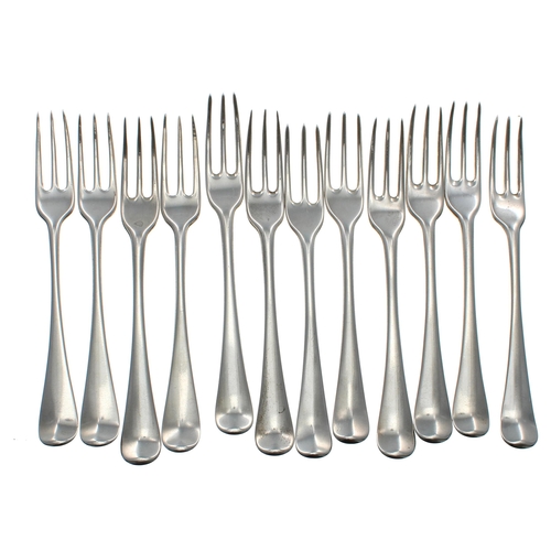 566 - Twelve Georgian Hanoverian pattern silver dessert forks, including maker's Paul Crespin, Ebenezer Co... 