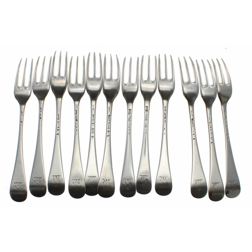 566 - Twelve Georgian Hanoverian pattern silver dessert forks, including maker's Paul Crespin, Ebenezer Co... 