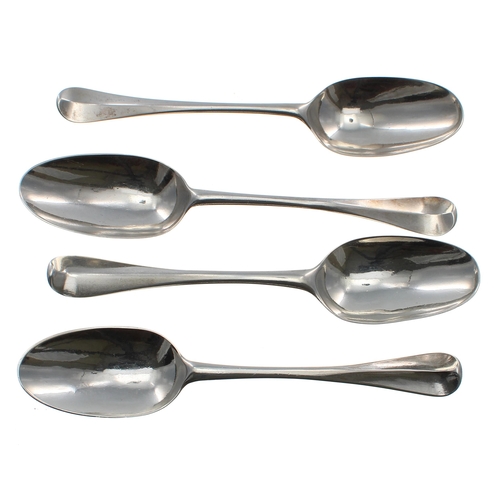 567 - Four matching early 18th Hanoverian pattern rat tail silver table spoons, one with maker's stam... 