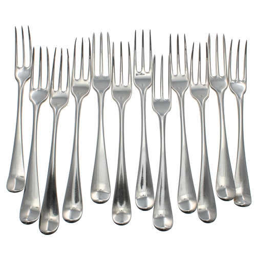 569 - Matched set of twelve George II/III Hanoverian pattern silver table forks, each bearing a matching k... 