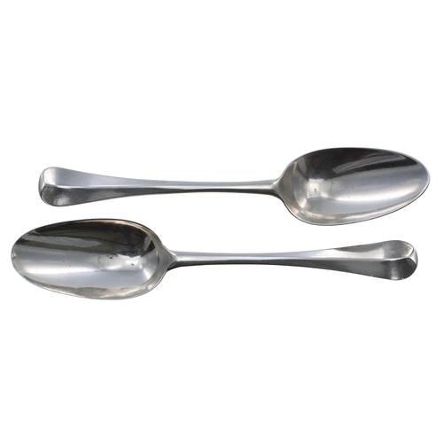 570 - Pair of George I Hanoverian rat tail pattern silver table spoons, each engraved with a knight crest,... 