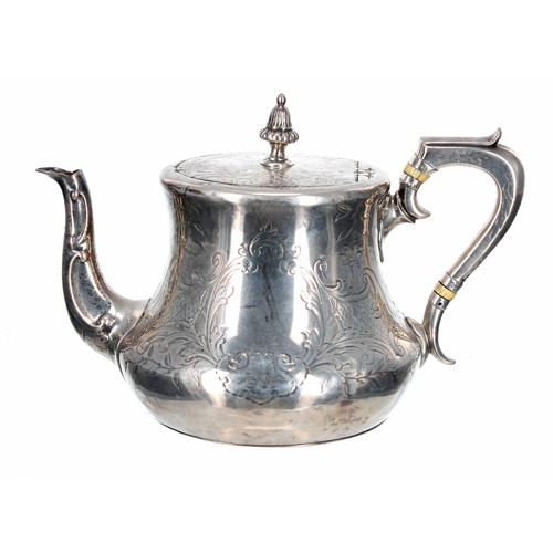 589 - Victorian silver tea pot, with engraved decoration around two vacant cartouche, the hinged cover wit... 