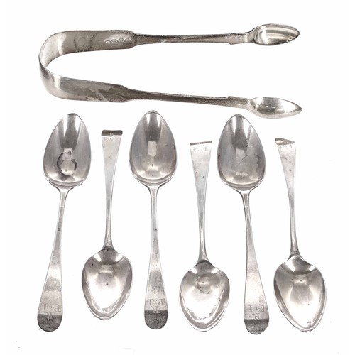 592 - Set of six George III silver teaspoons, the handles with engraved initials R P I, maker Peter, Ann &... 