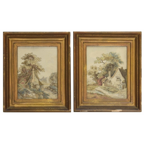 648 - Pair of 19th century needlework cottage scene pictures, each framed and behind glass, 5.5