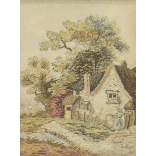 648 - Pair of 19th century needlework cottage scene pictures, each framed and behind glass, 5.5