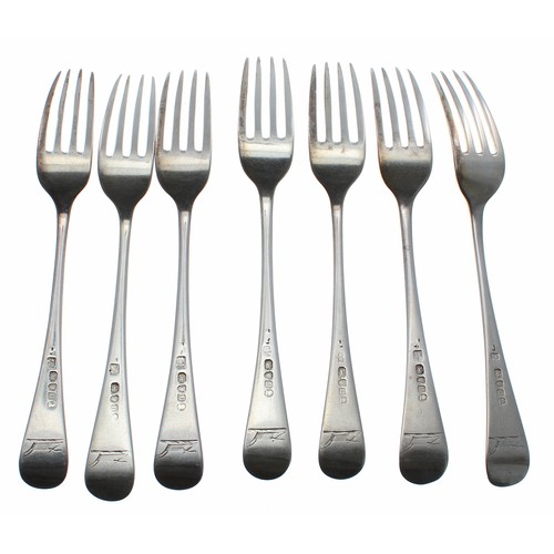 585 - Set of seven George III silver dinner forks, each with engraved plough crest to the underside of the... 