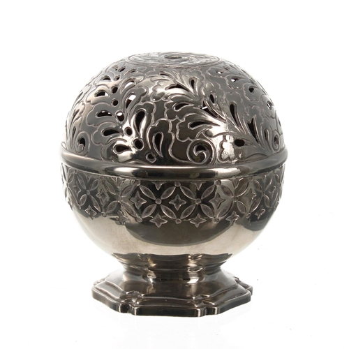 601 - Silver plated pierced globular pierced string box, 4.25