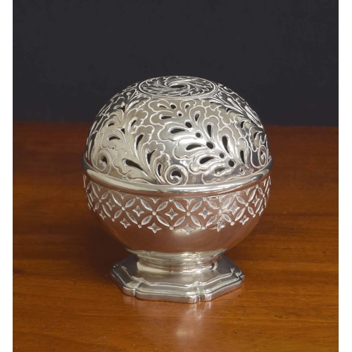 601 - Silver plated pierced globular pierced string box, 4.25