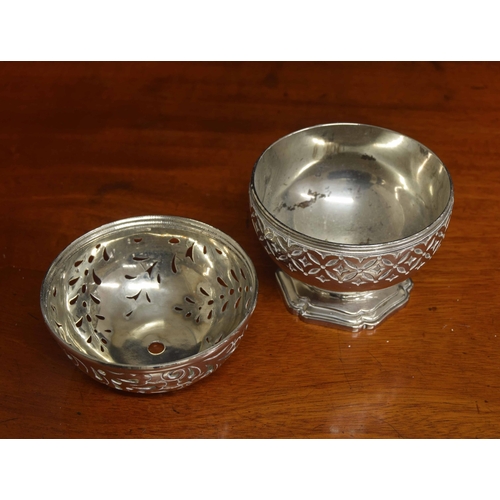 601 - Silver plated pierced globular pierced string box, 4.25