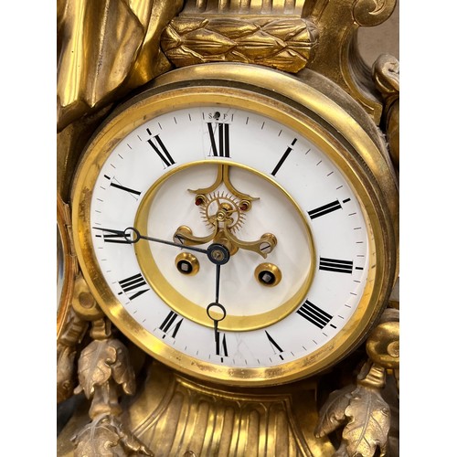 1522 - Large and impressive French brass two train figural mantel clock, the movement back plate stamped A ... 