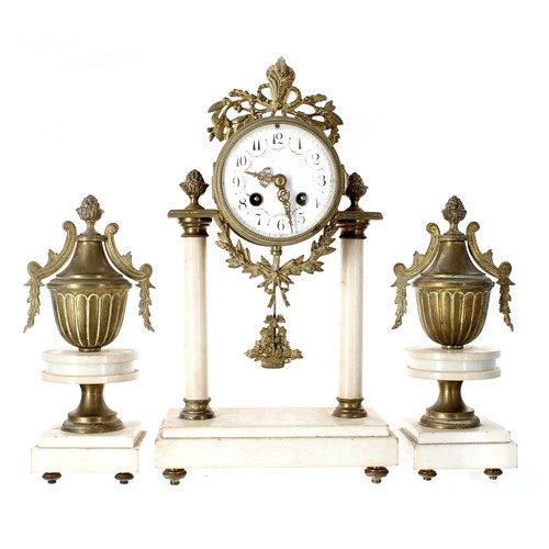 656 - Decorative French gilt metal and white marble two train portico mantel clock garniture, the 3.75