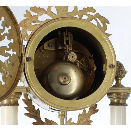 656 - Decorative French gilt metal and white marble two train portico mantel clock garniture, the 3.75