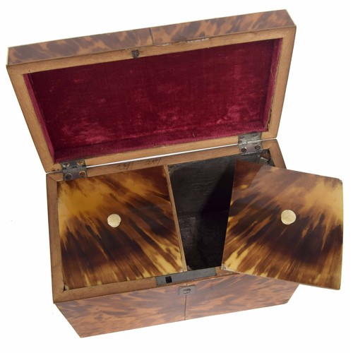 634 - 19th century rectangular tortoiseshell tea caddy, the hinged cover enclosing a divided interior... 